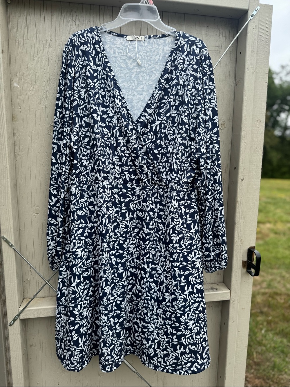 Navy & White Leaf Print Wrap Dress